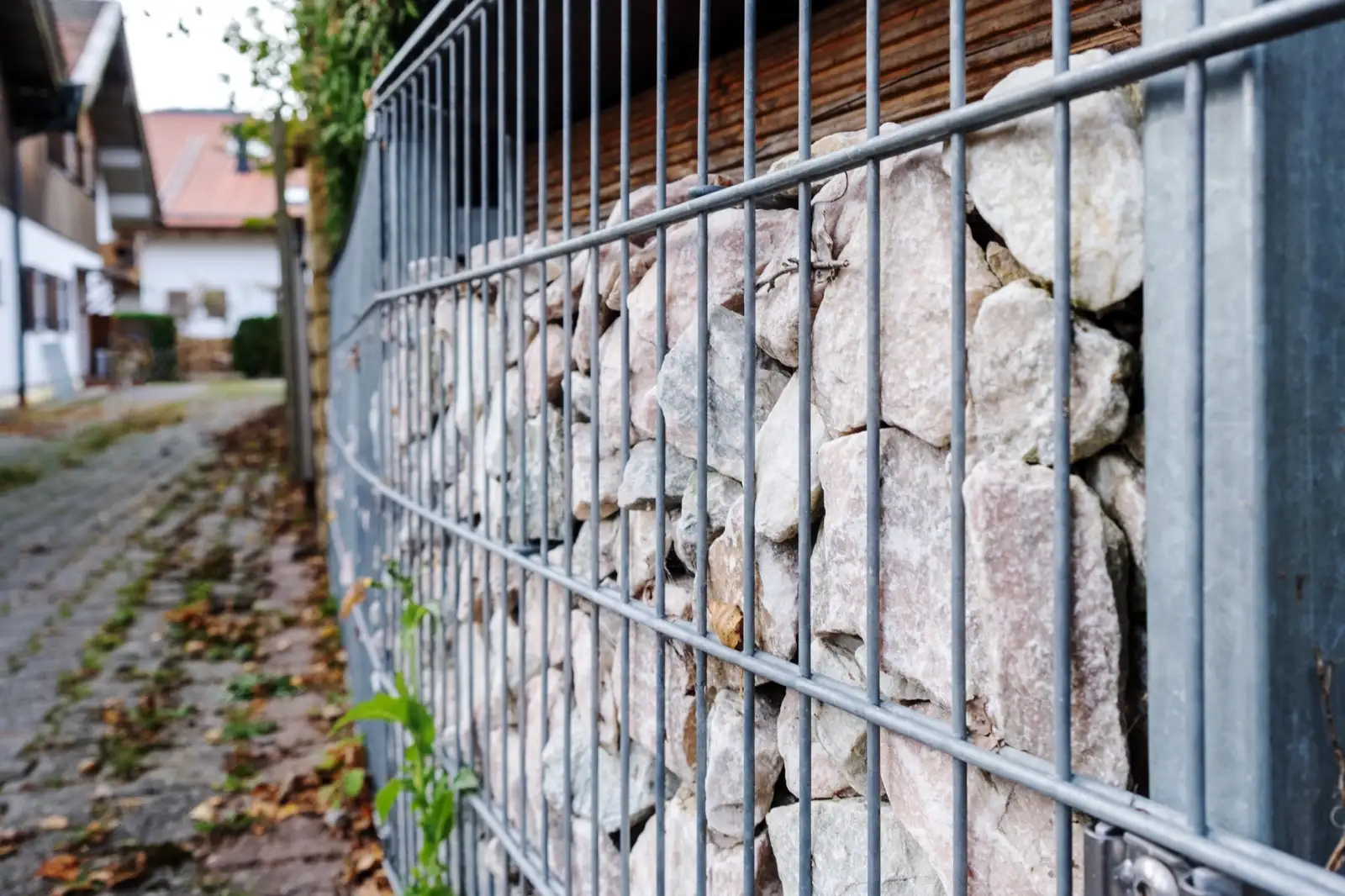 Gabion retaining wall of stone-filled wire baskets beside a paved lane